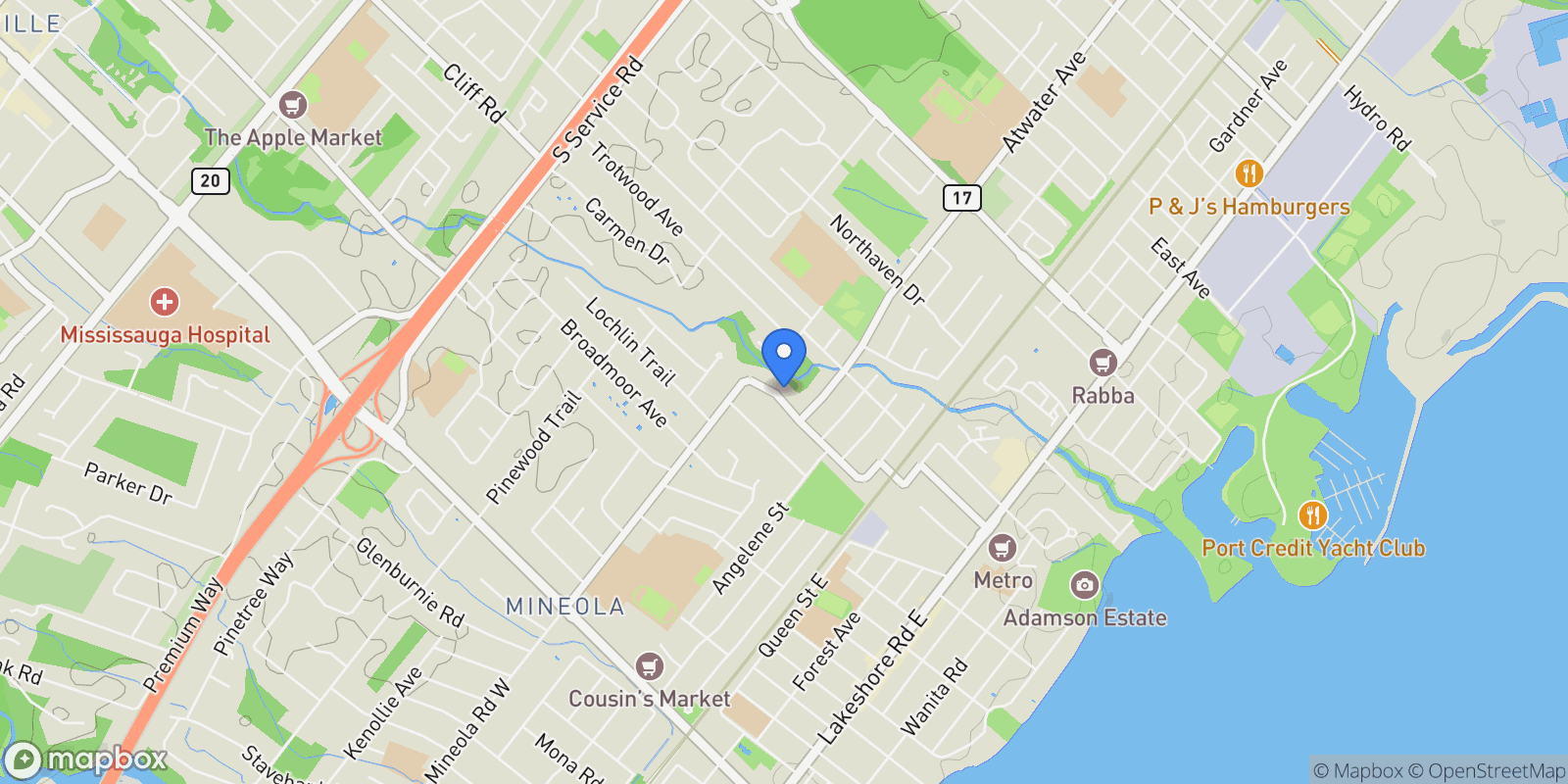 Map showing 1285 Mineola Gardens, Mississauga, ON L5G 3Y5, Mississauga, Ontario, Canada.