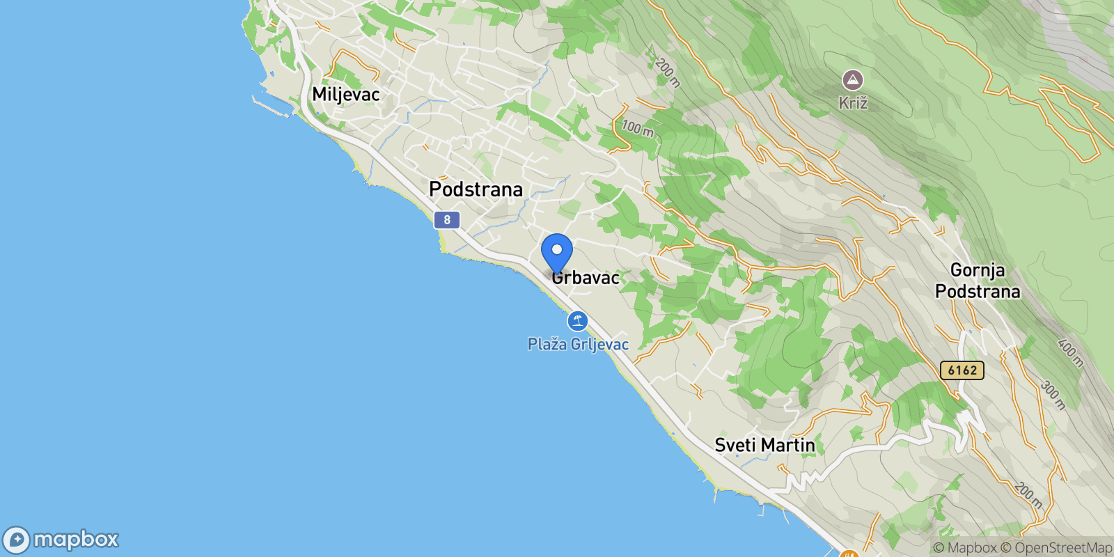Map showing Podstrana, Split-Dalmatia, Grbavac, Split-Dalmatia County, Croatia.