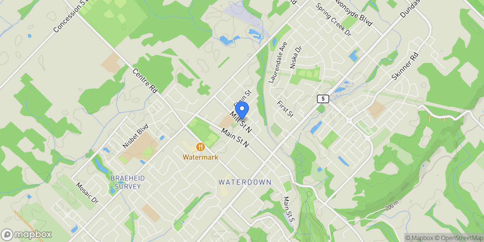 Map showing 160 Mill Street N, Waterdown, ON L9H 2L4, Hamilton, Ontario, Canada.