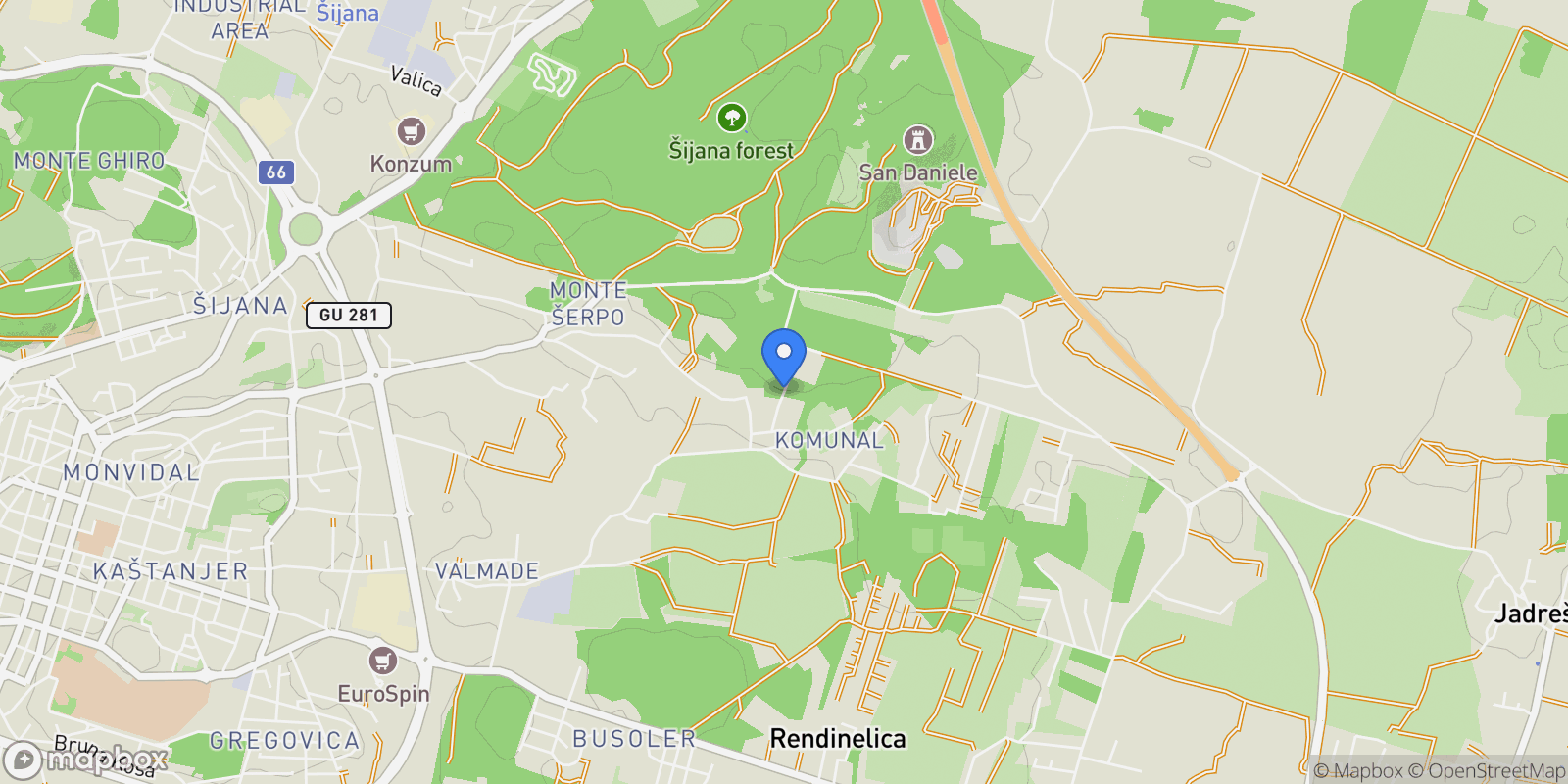 Map showing Monteserpo - Komunal, Istria, Mjesni odbor Busoler, Grad Pula, Istria County.