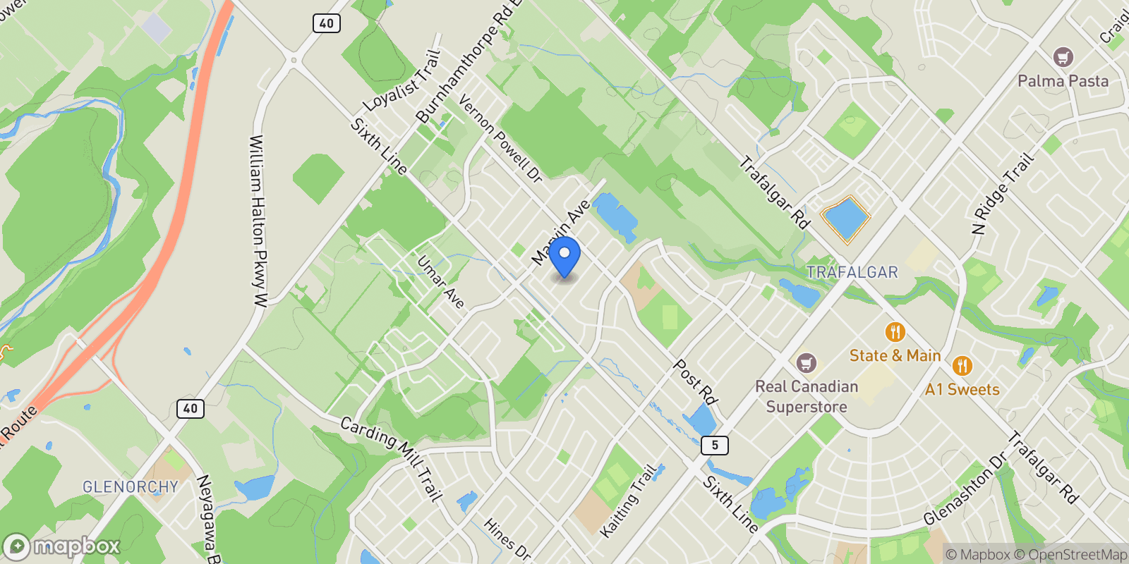 Map showing 46 Boulton Trail, Oakville, ON L6H 0Z9, Oakville, Ontario, Canada.