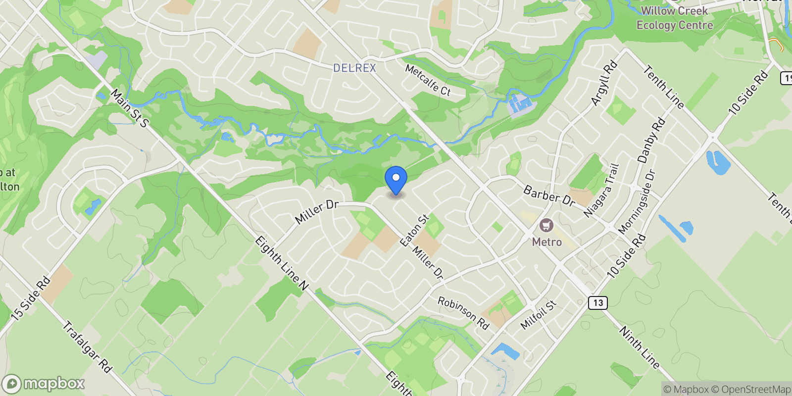 Map showing 34 Curry Crescent, Halton Hills, ON L7G 5S9, Halton Hills, Ontario, Canada.