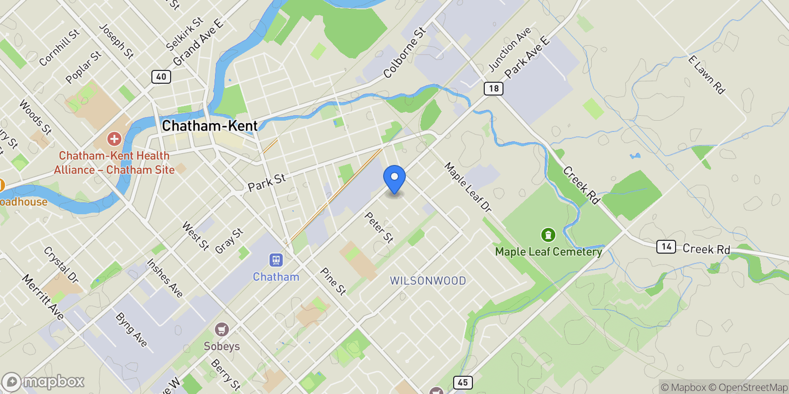 Map showing 25 Chestnut Drive, Guelph/Eramosa, ON N0B 2K0, Chatham, Ontario, Canada.