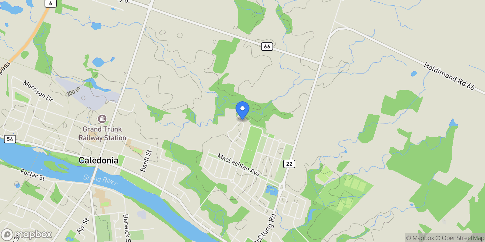 Map showing 48 Hawick Crescent, Caledonia, ON N3W 0G5, Caledonia, Michigan, United States.