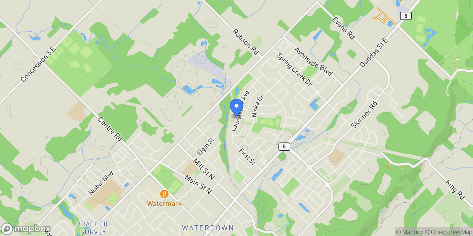 Map showing 29 Laurendale Avenue, Waterdown, ON L8B 0B4, Hamilton, Ontario, Canada.