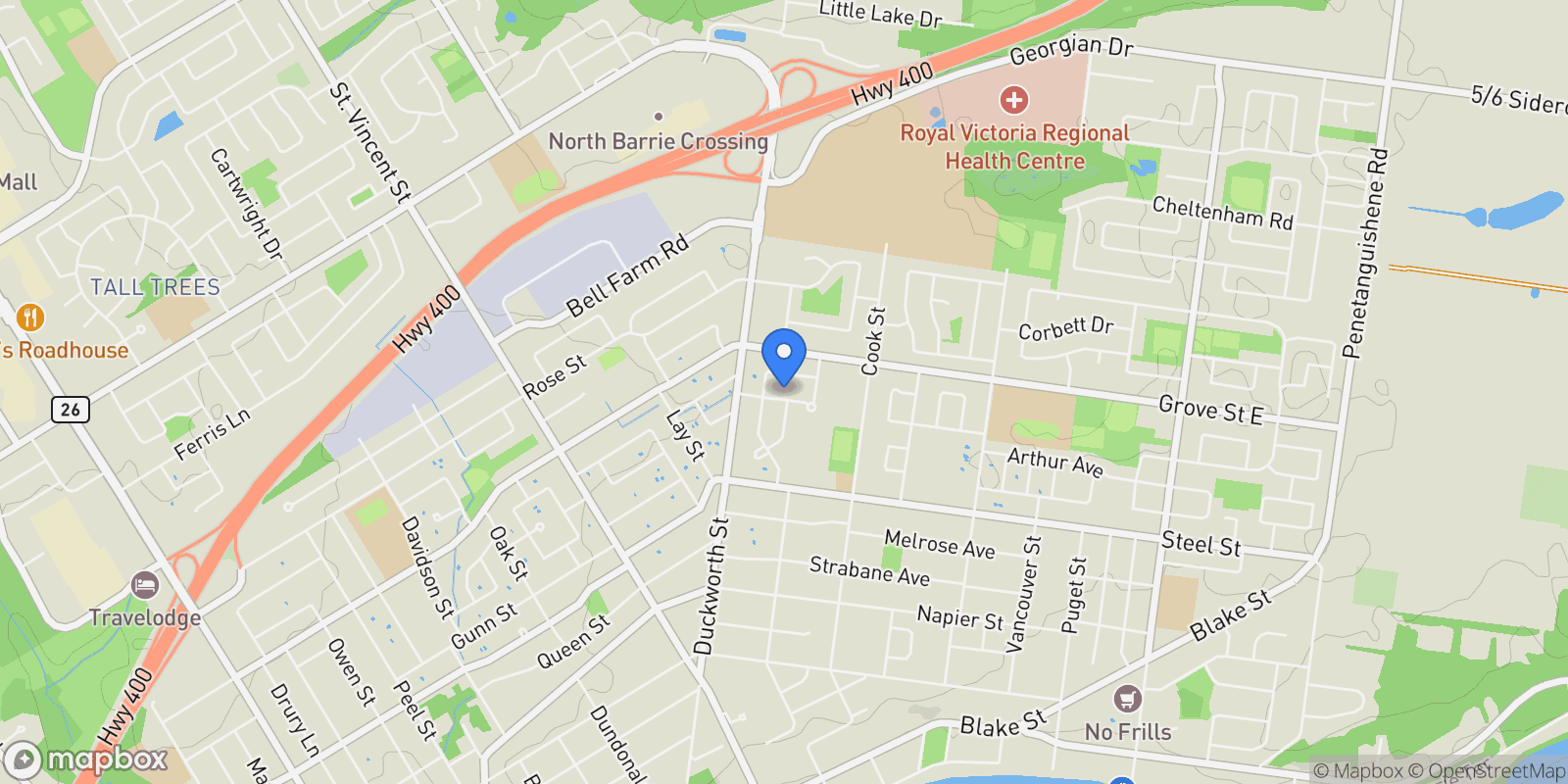Map showing 16 Davies Crescent, Barrie, Ontario, Canada.