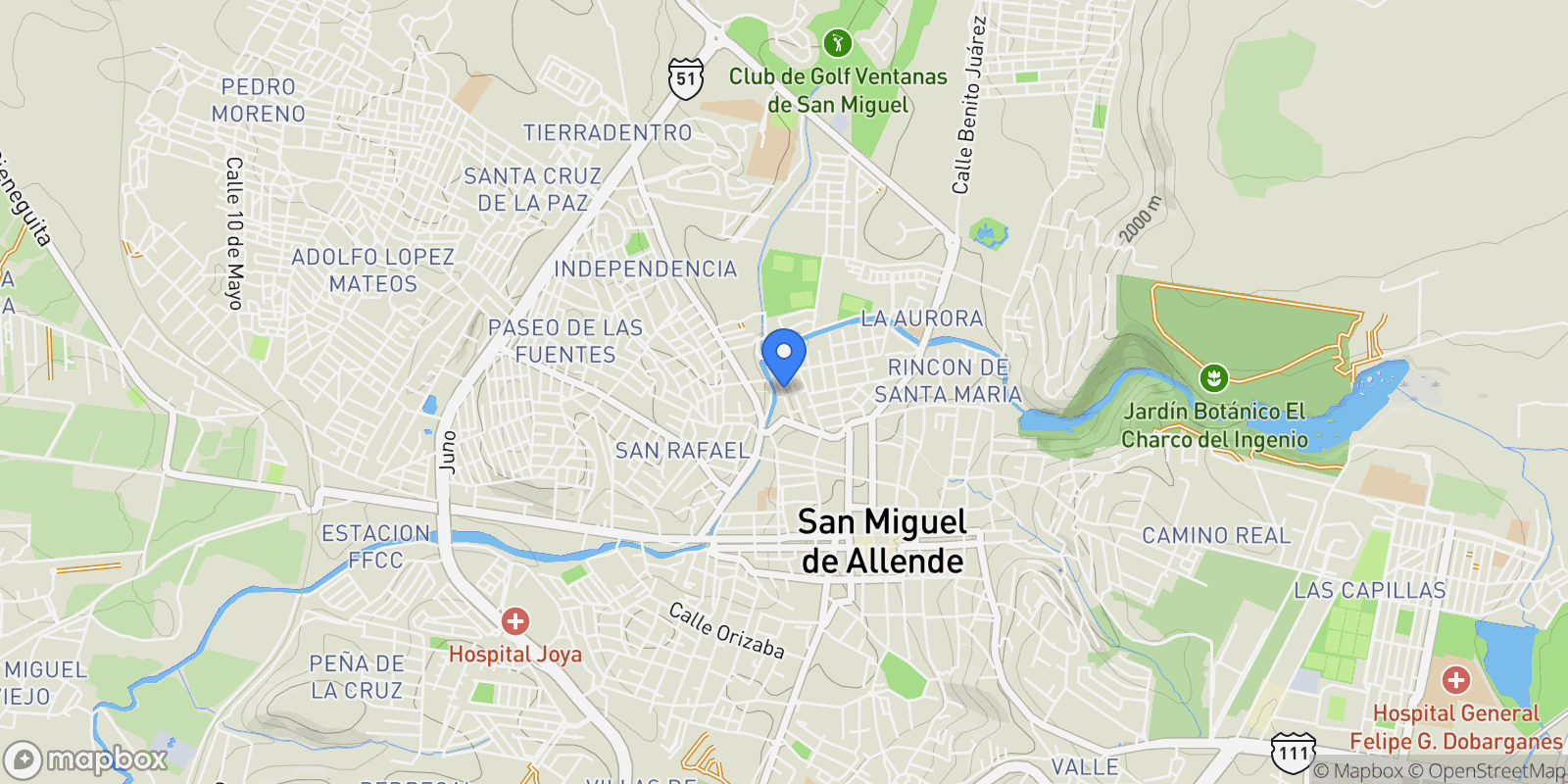 Map showing Miguel Prado 3B, San Miguel de Allende, GUA 37710, San Miguel de Allende, Guanajuato, Mexico.