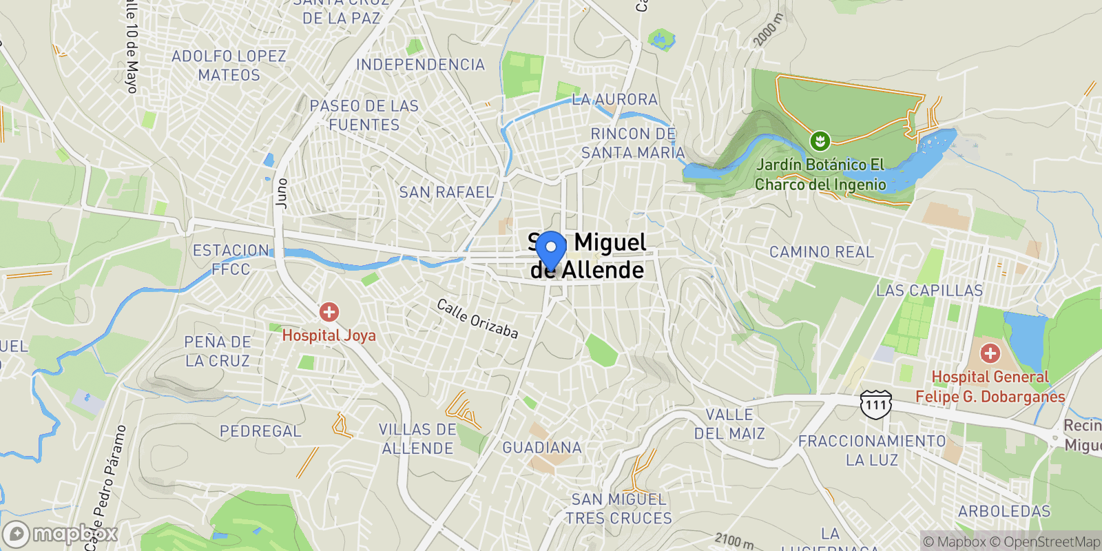 Map showing Zacateros 14 Centro Histórico, San Miguel de Allende, GUA 37700, Presita Guadalupe, Guanajuato, Mexico.