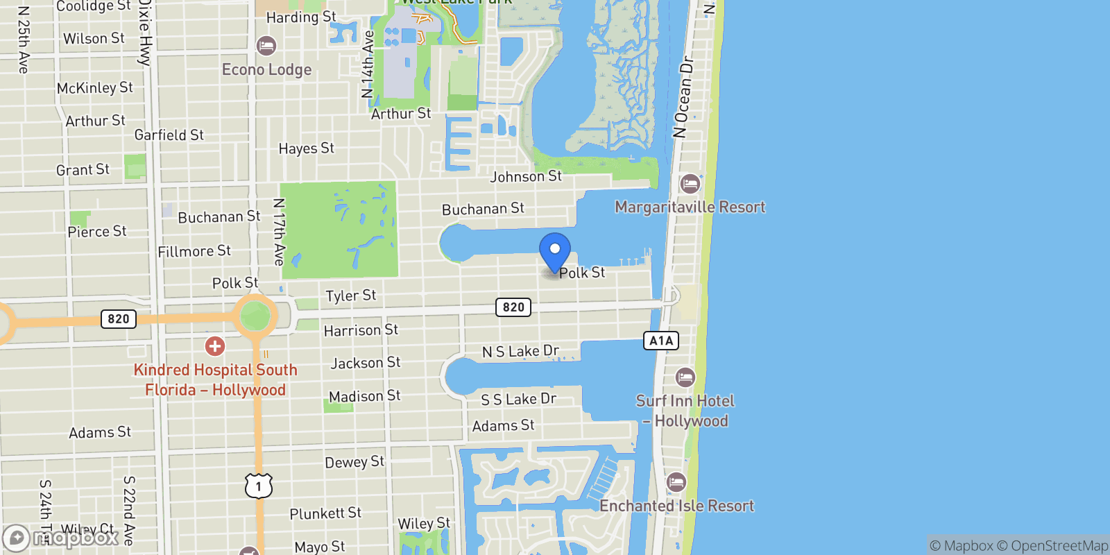 Map showing 932 Polk St, Hollywood, FL 33019, Hollywood, Florida, United States.