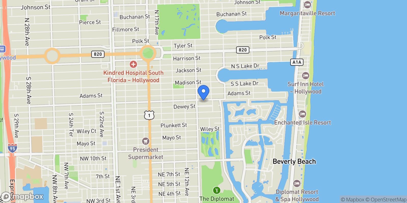 Map showing 1318 Washington St, Hollywood, FL 33019, Hollywood, Florida, United States.