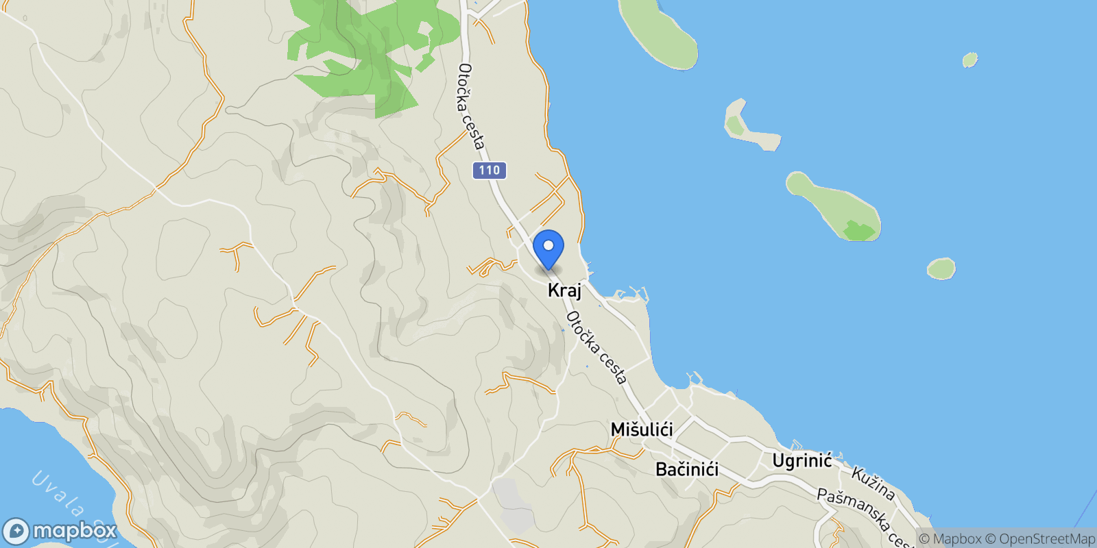 Map showing Kraj, Zadar, Kraj, Zadar County, Croatia.