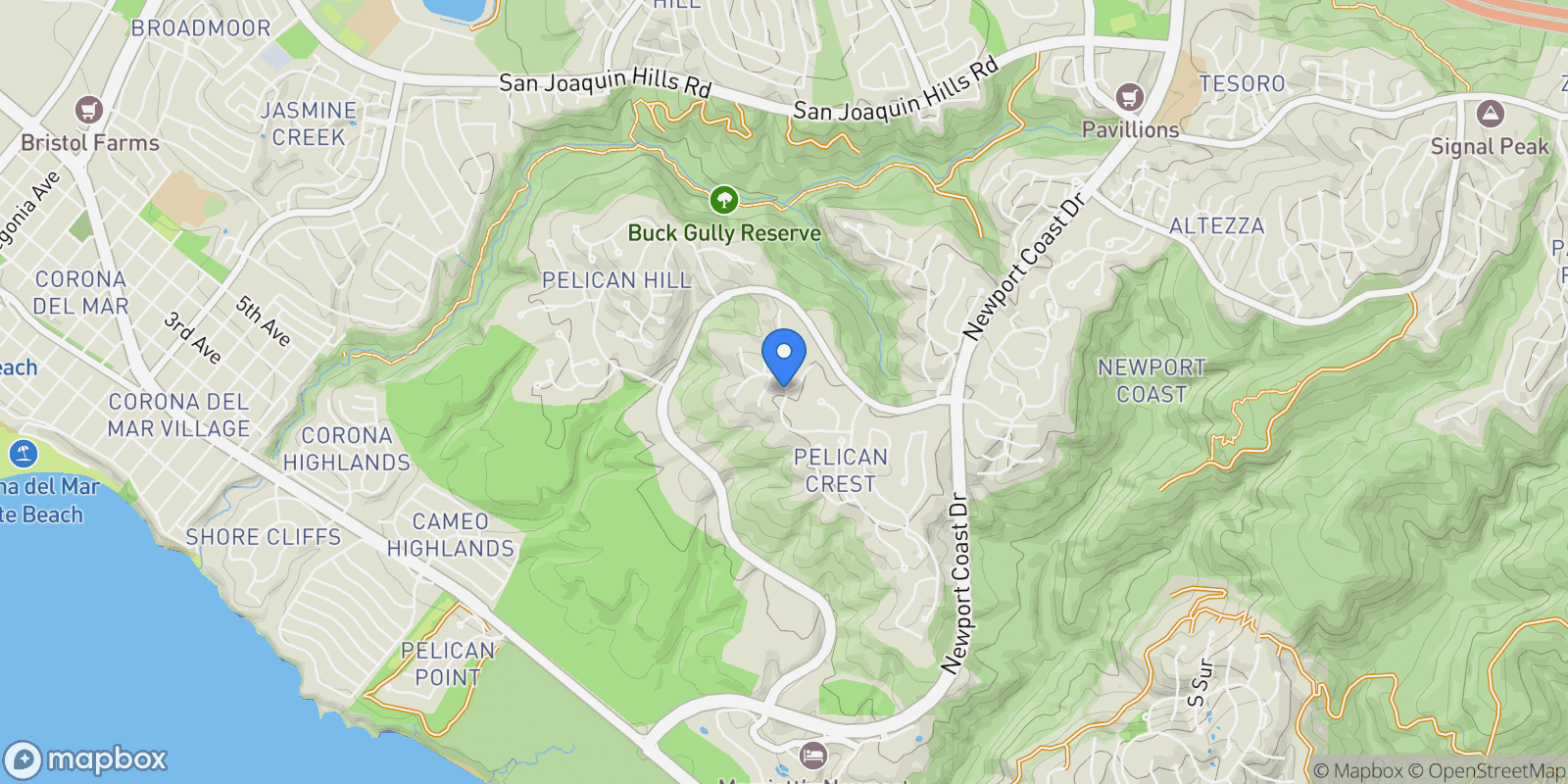 Map showing 22 Pelican Crest Drive, Newport Beach, California, United States.