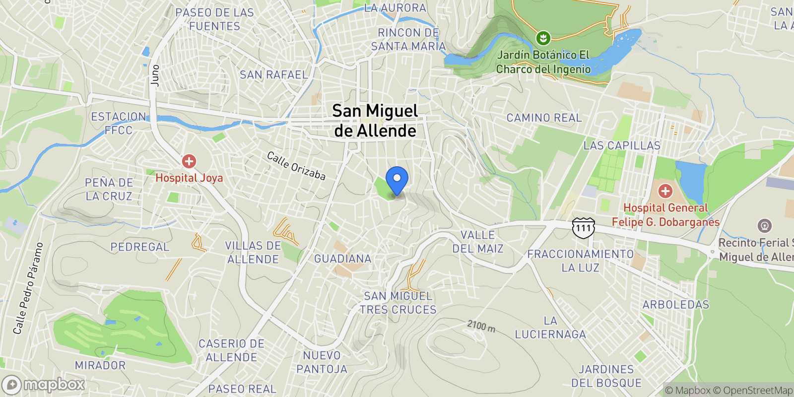 Map showing Fray Jose Guadalupe Mojica #18, Centro, San Miguel de Allende, GUA 37700, San Miguel de Allende, Guanajuato, Mexico.