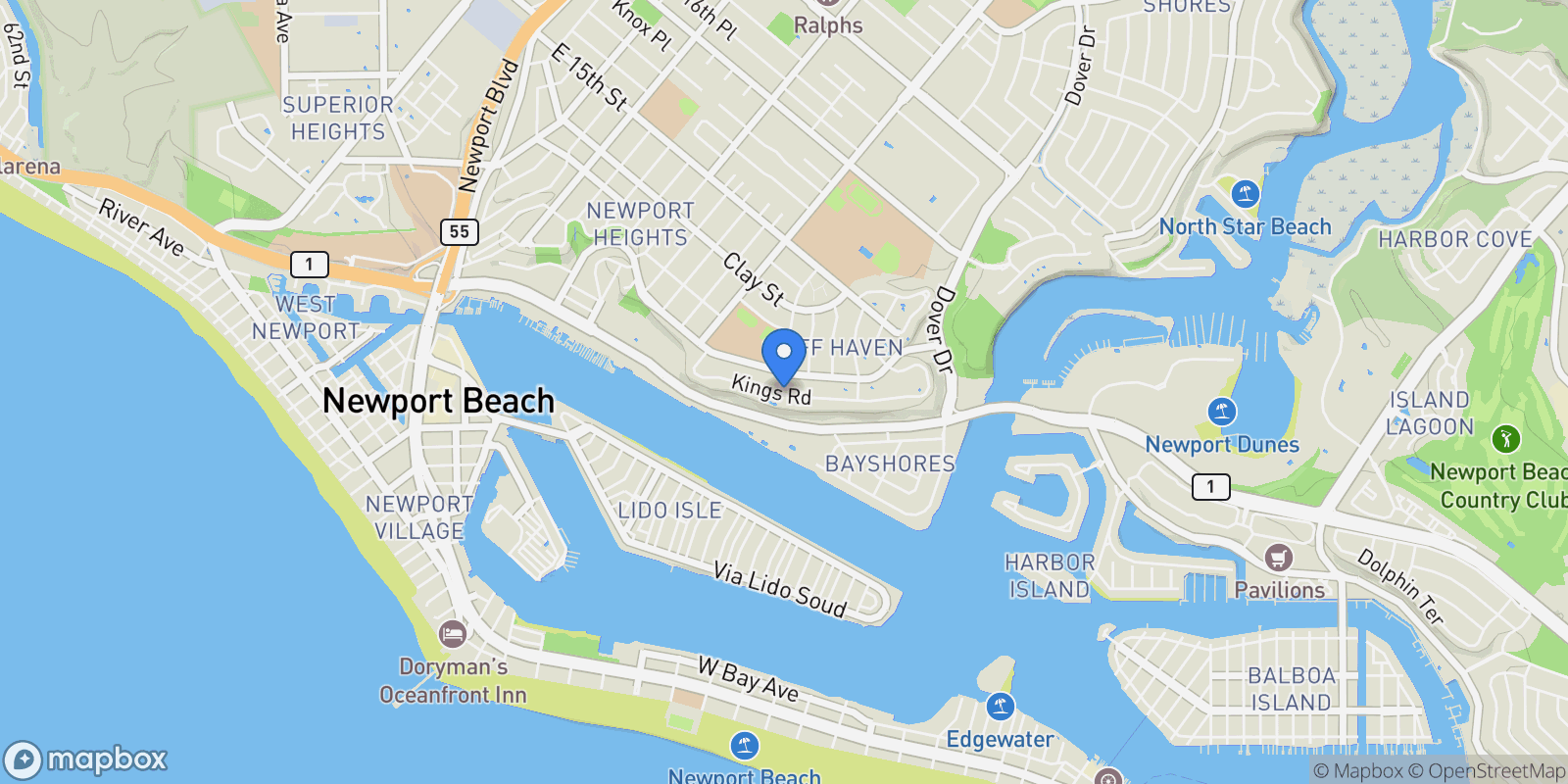 Map showing 1210 Kings Rd, Newport Beach, California, United States.