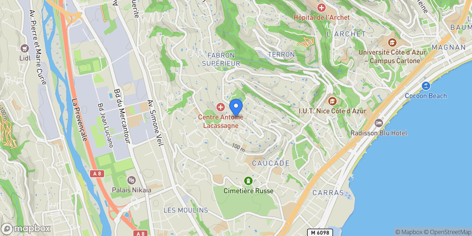 Map showing Nice, Provence-Alpes-Côte d'Azur, France.