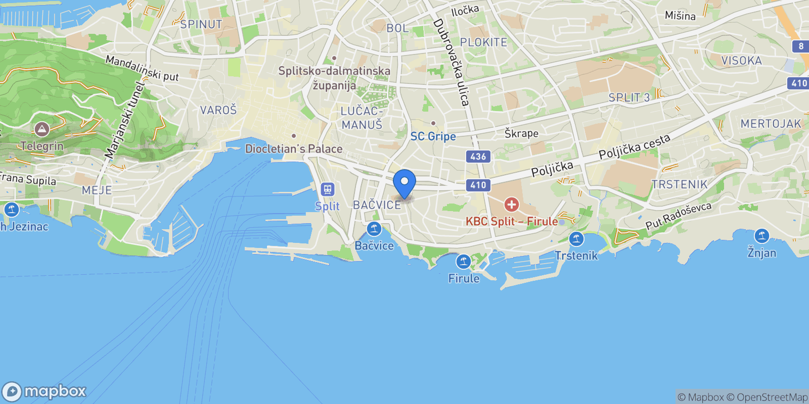 Map showing Bačvice, Split-Dalmatia, Gradski kotar Bacvice, Split, Split-Dalmatia County.