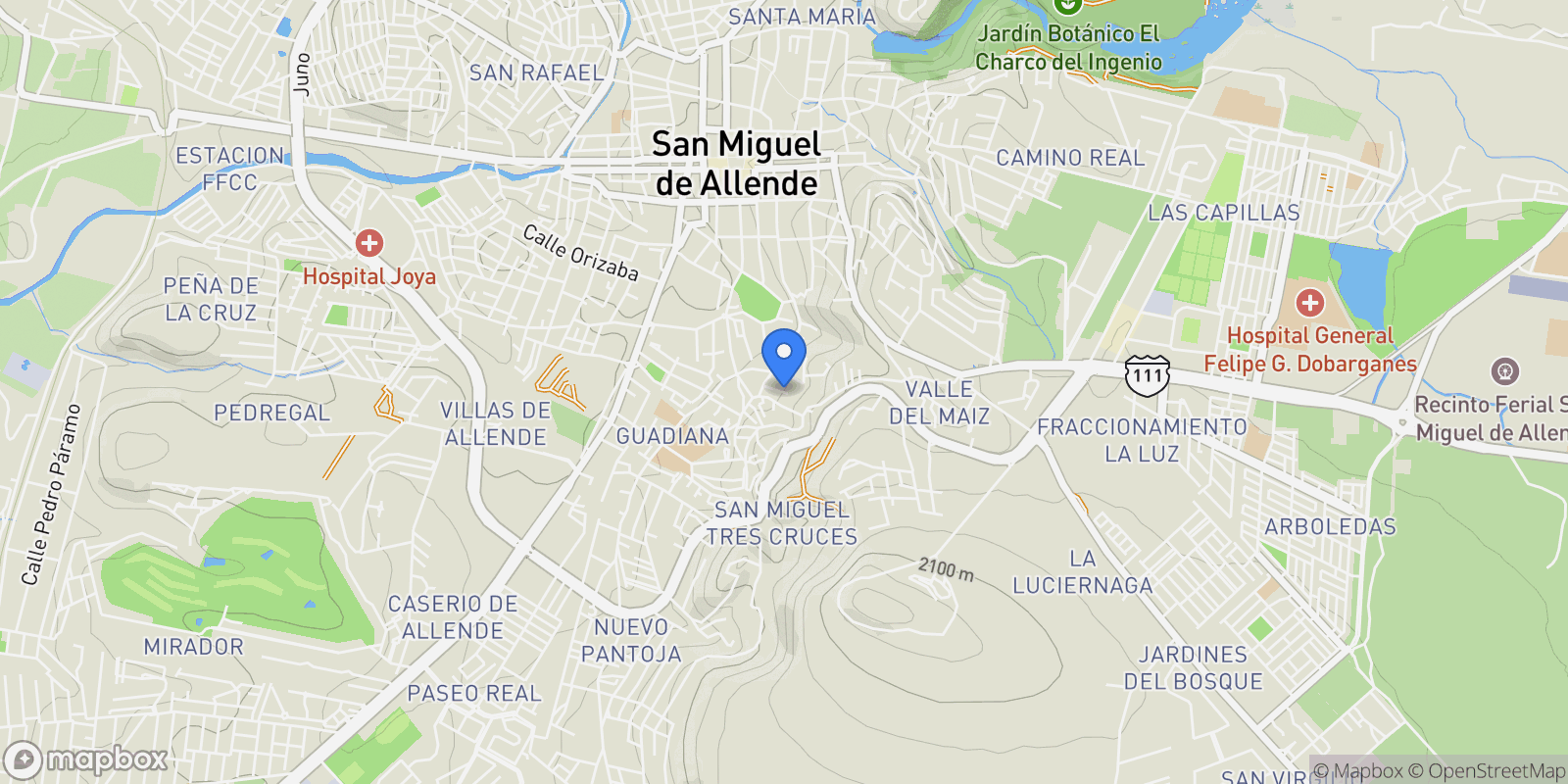 Map showing Sancho panza 1 Ojo de Agua, San Miguel de Allende, GUA 37700, Presita Guadalupe, Guanajuato, Mexico.