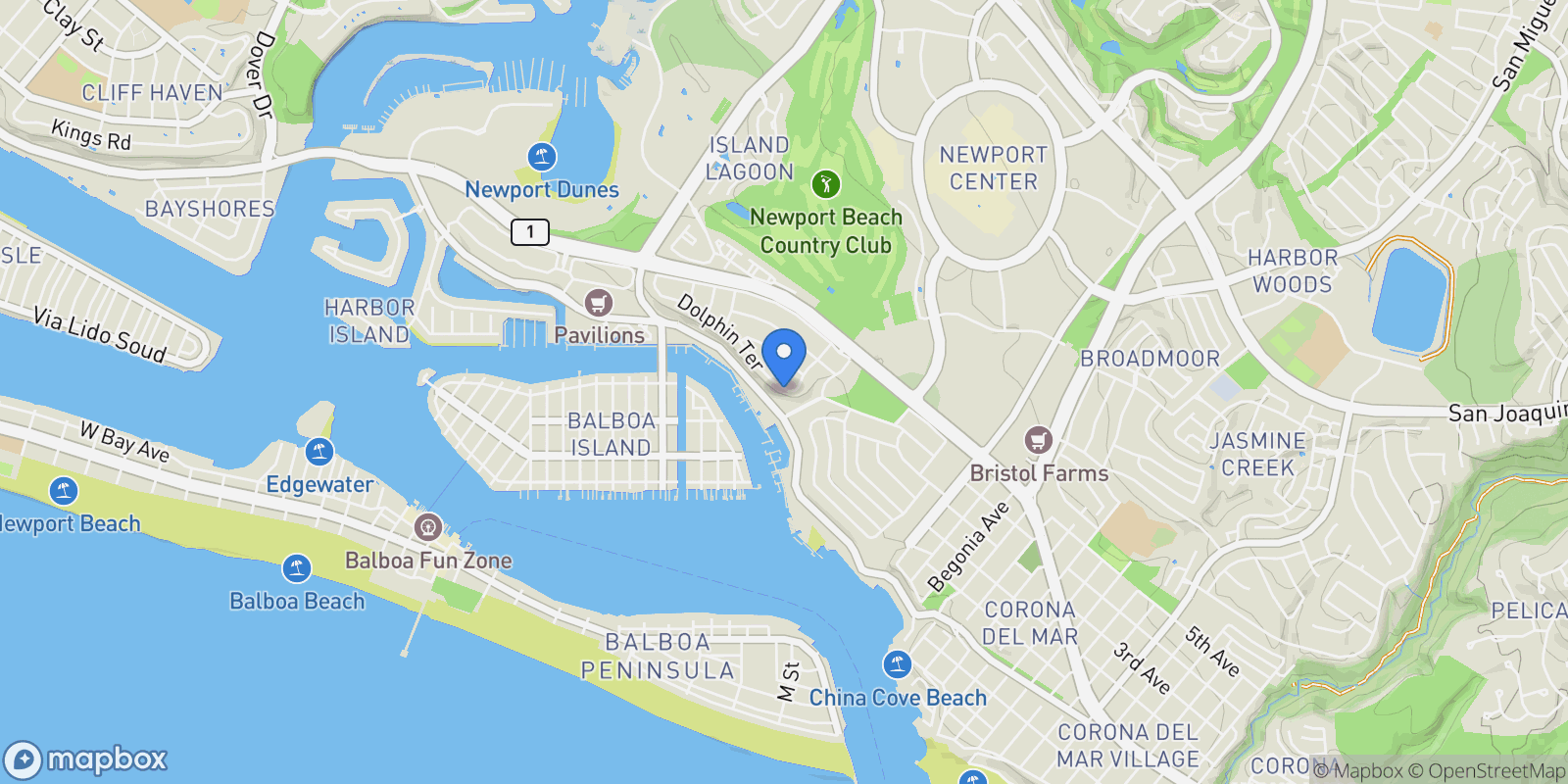 Map showing 1535 Dolphin Terrace, Newport Beach, California, United States.