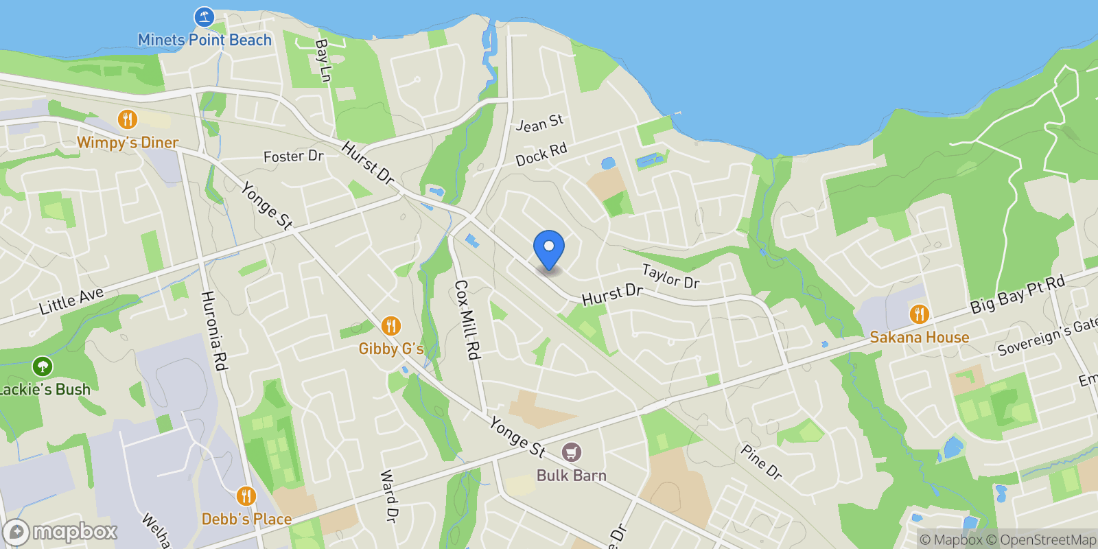 Map showing 168 Hurst Drive, Barrie, Ontario, Canada.