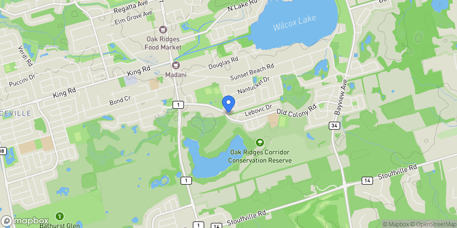 Map showing 130 Old Colony Road, Gormley, Ontario, Canada.