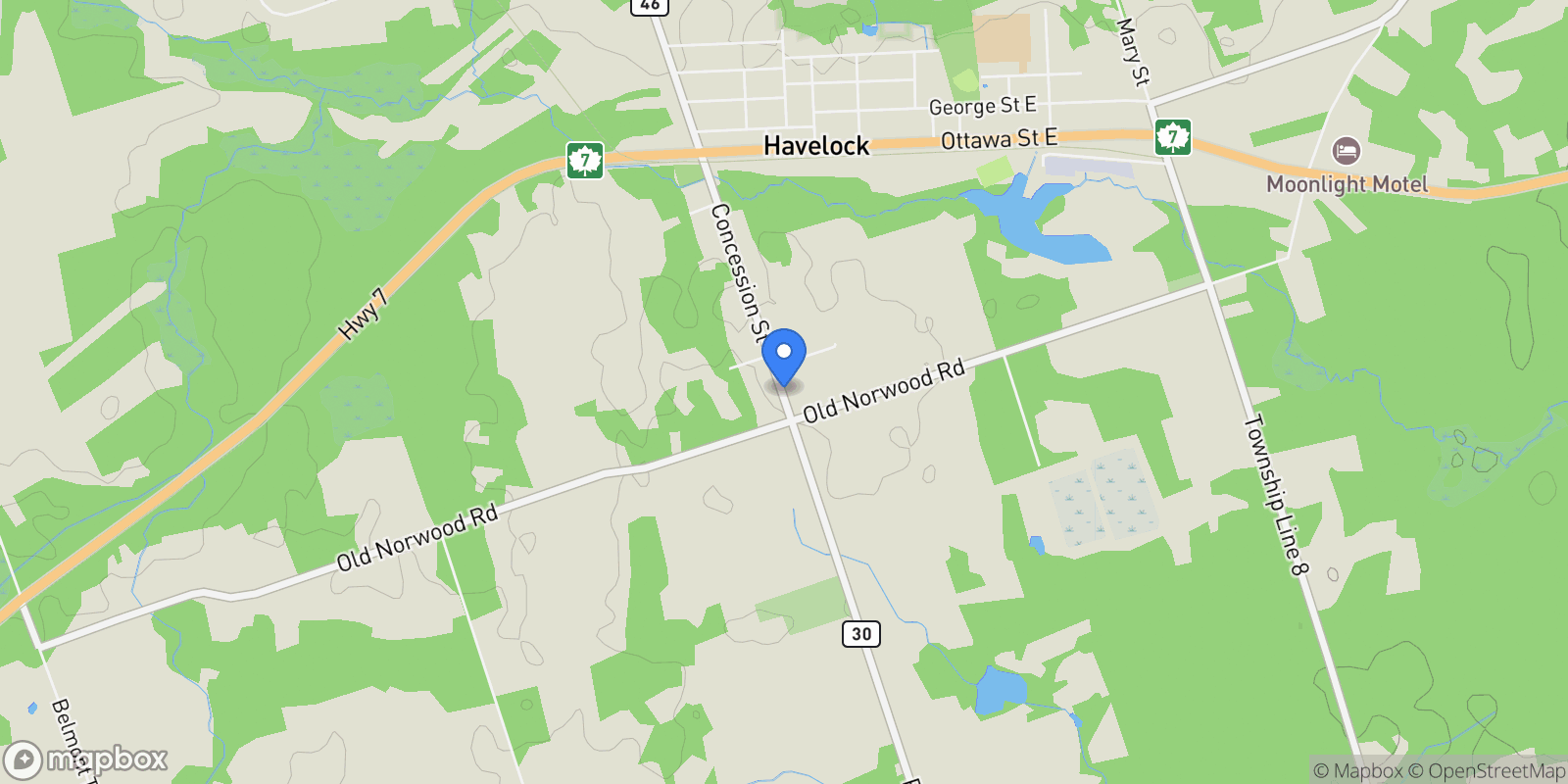 Map showing Part Lot 21 Concession 7 N/A, Havelock, Ontario, Canada.