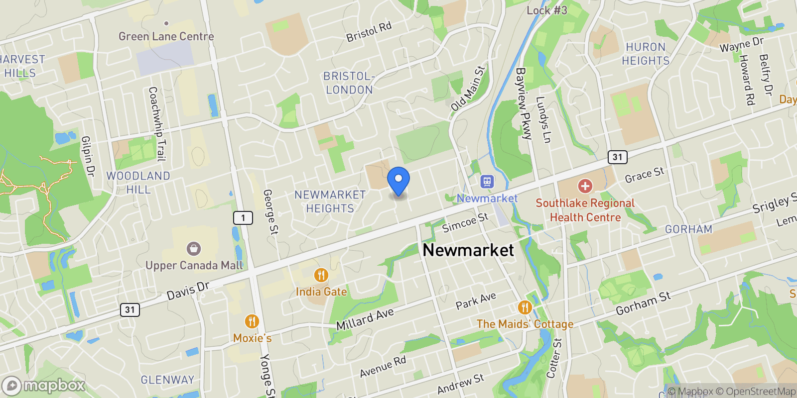 Map showing 256 Penn Avenue, Newmarket, Ontario, Canada.
