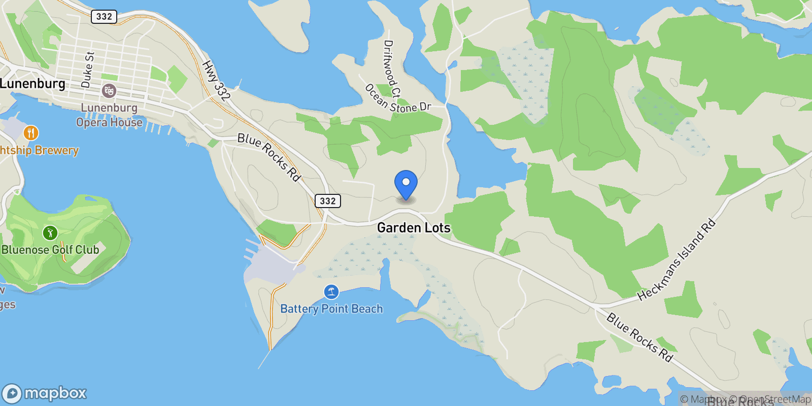 Map showing 647 Blue Rocks Road, Garden Lots, Nova Scotia, Canada.