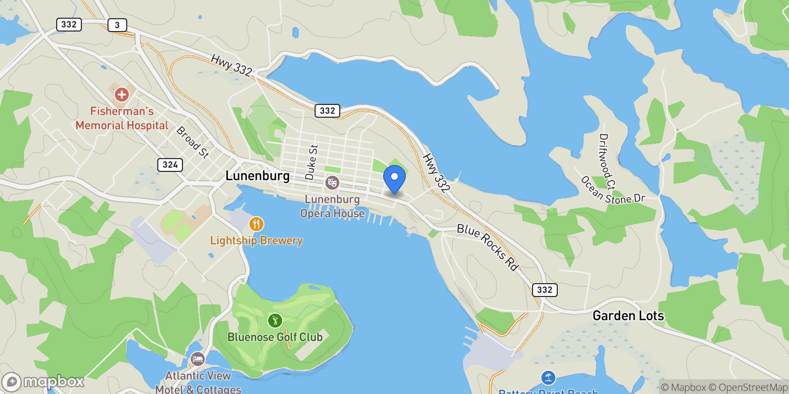 Map showing 243 Pelham Street, Lunenburg, Nova Scotia, Canada.