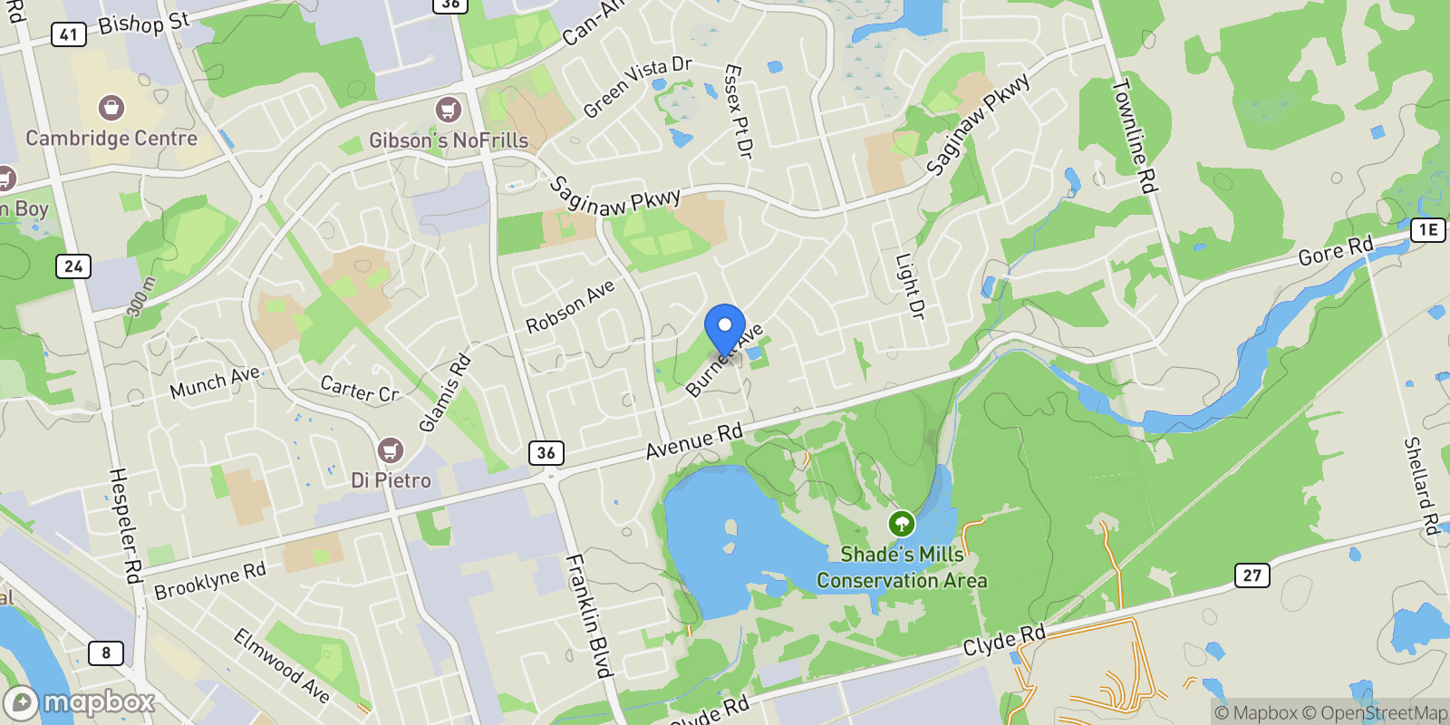 Map showing 328 Burnett Avenue, Cambridge, ON N1T 1G6, Cambridge, Ontario, Canada.
