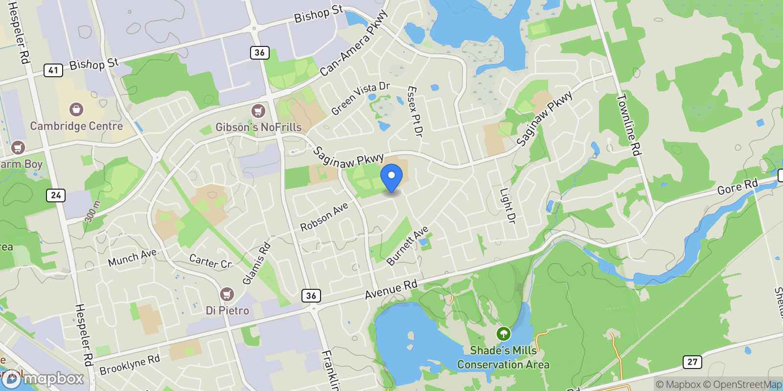 Map showing 98 Hume Drive, Cambridge, ON N1T 1N3, Cambridge, Ontario, Canada.