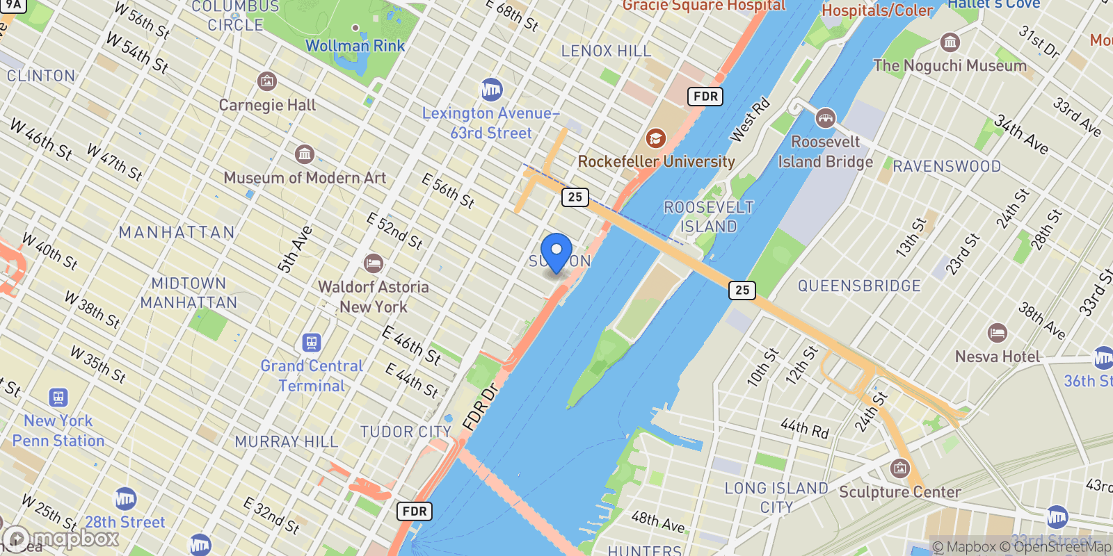 Map showing 50 Sutton Place South     #14K, New York, New York, United States.