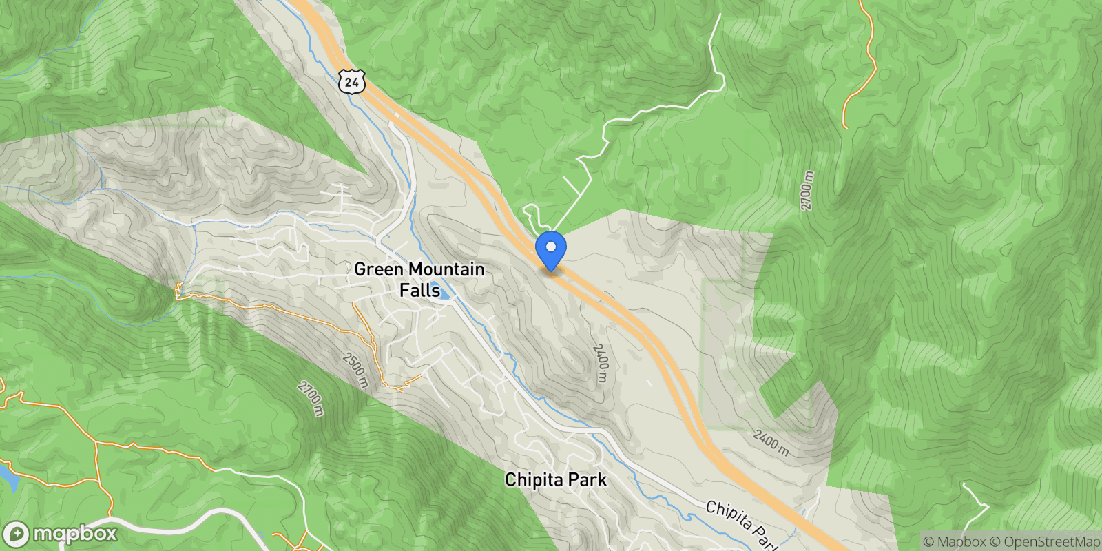 Map showing W Highway 24, Cascade-Chipita Park, Colorado, United States.