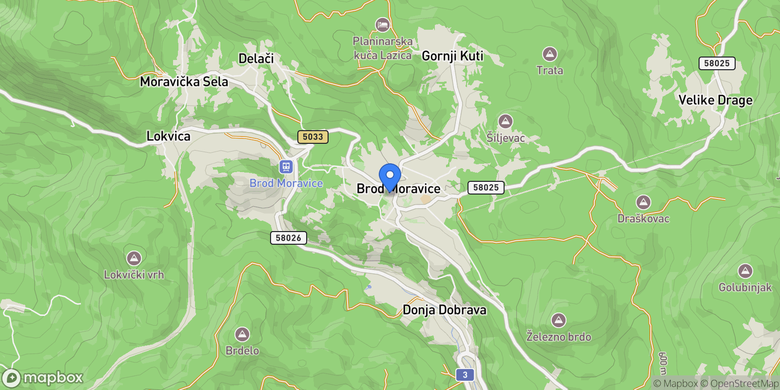 Map showing Opcina Brod Moravice, Primorje-Gorski Kotar County, Croatia.