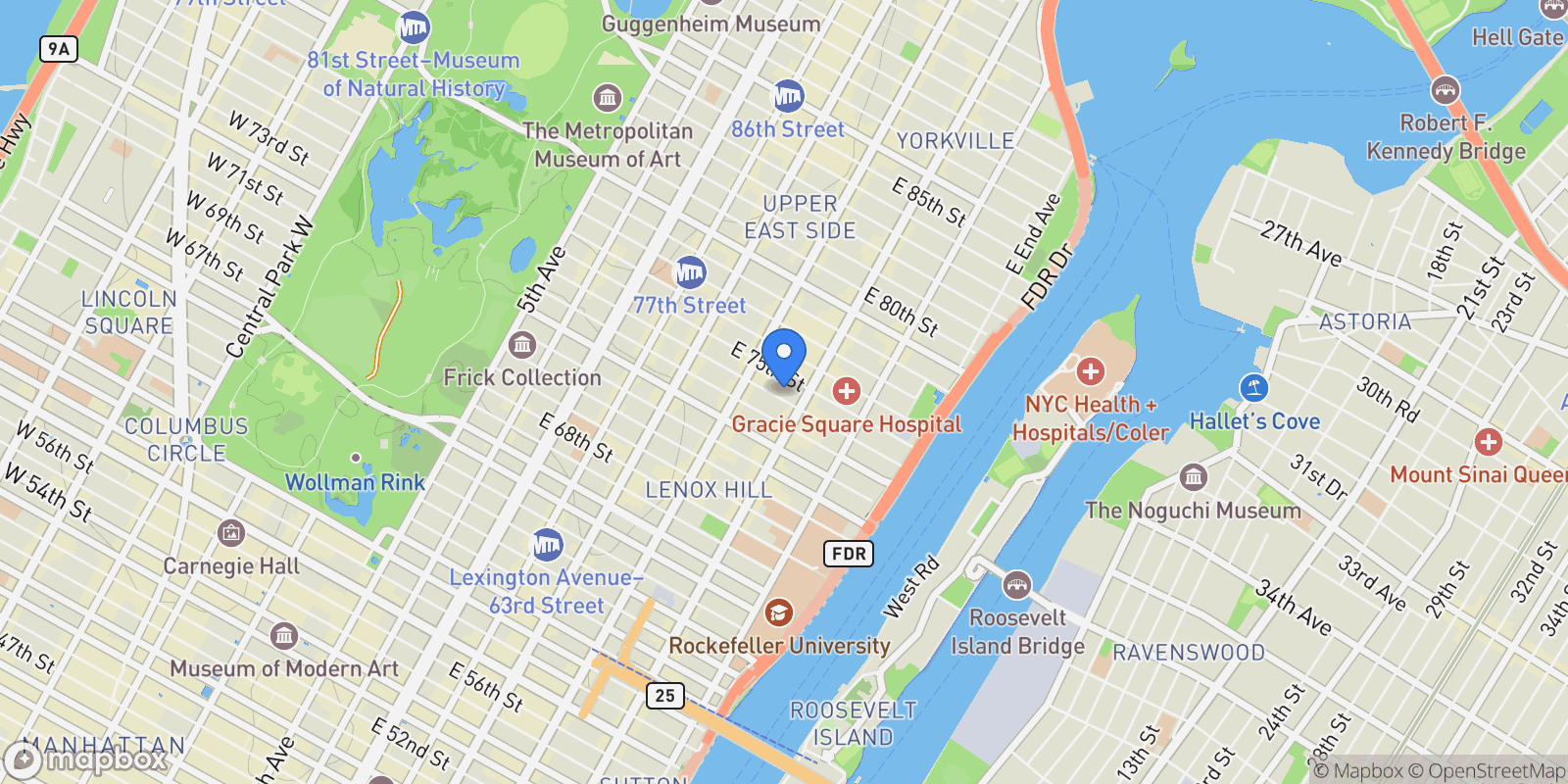 Map showing 343 East 74th Street #15D, New York, New York, United States.