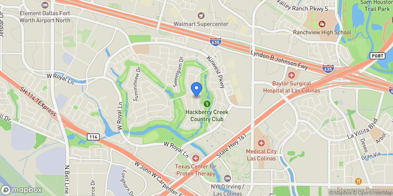Map showing 7423 Bradford Pear Drive, Irving, Texas, United States.