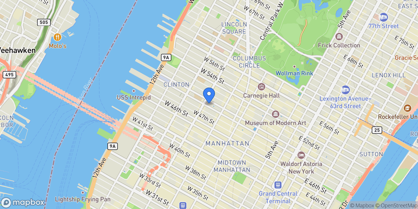 Map showing 393 West 49th Street #5DD, New York, New York, United States.