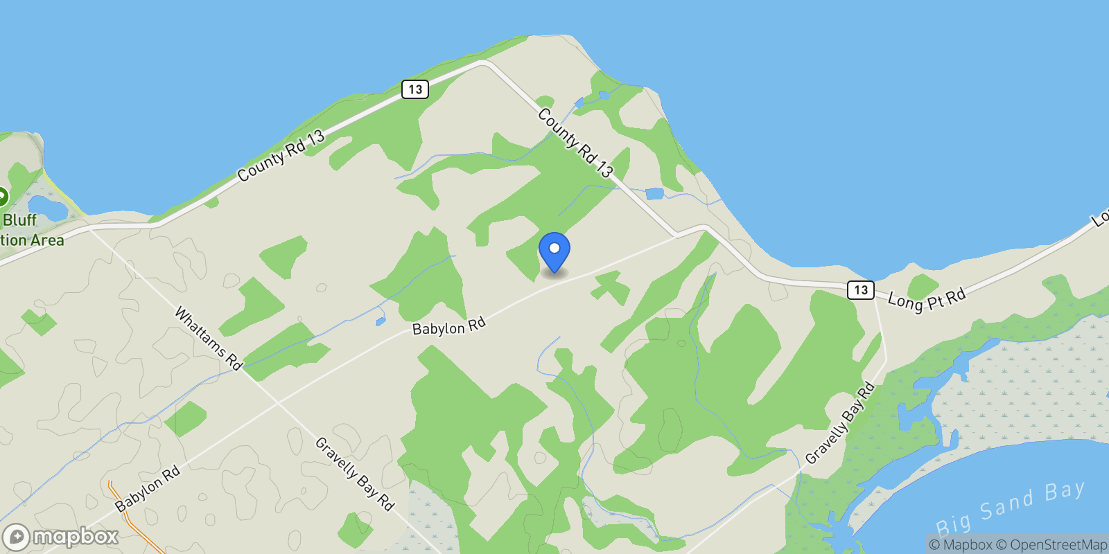 Map showing 1253 Babylon Road, Prince Edward, Ontario, Canada.