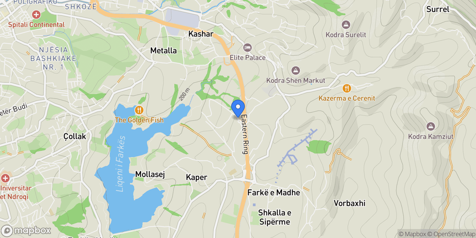Map showing Rolling Hills Liqeni, Farkë e Vogël, Tirana County, Albania.