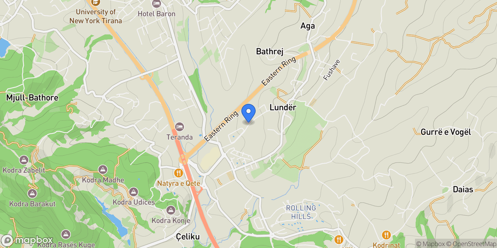 Map showing Rruga Kodra Derhemit, Lundër 1, Tirana County, Albania.