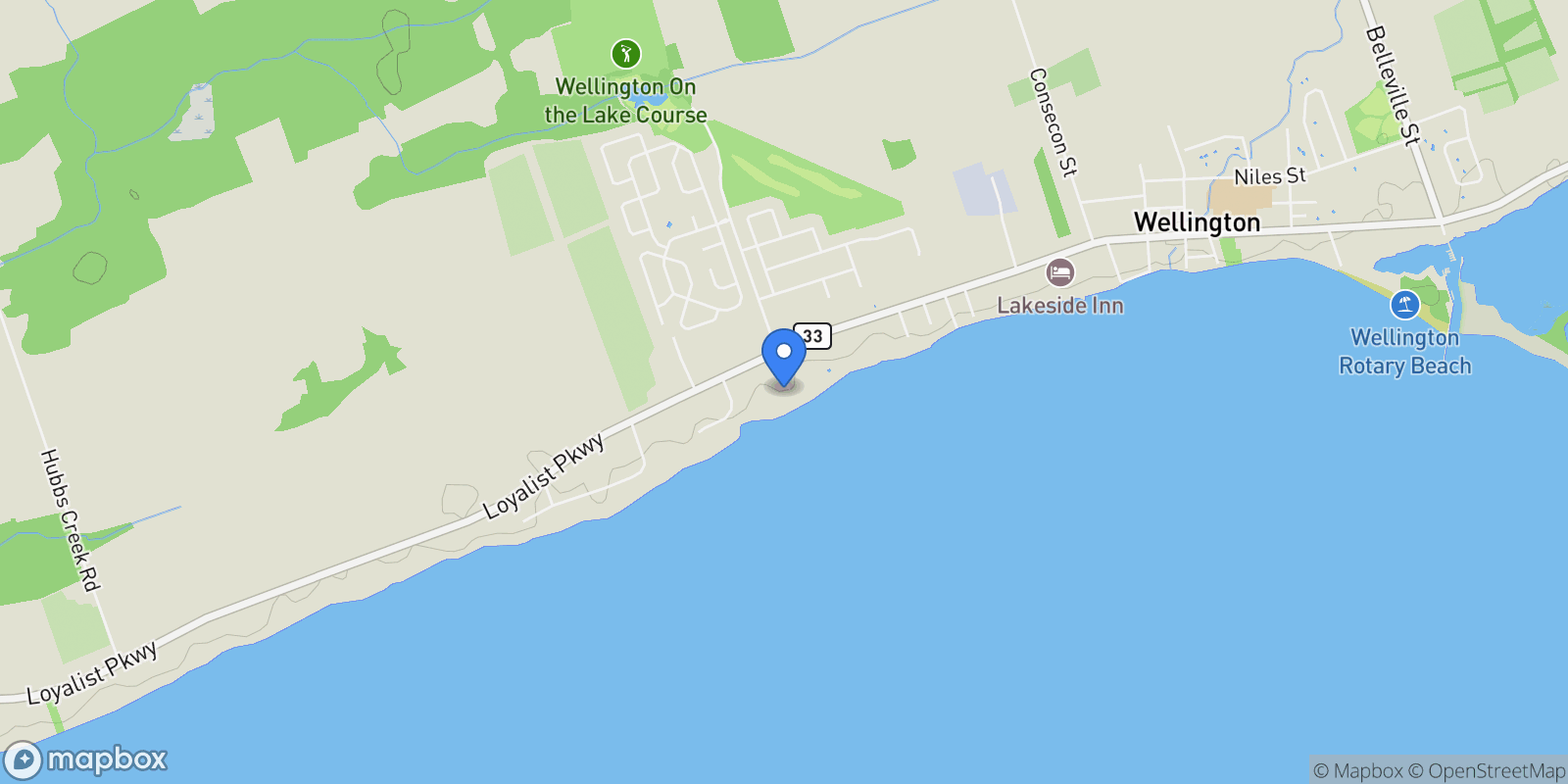 Map showing 28 Huycks Point Road, Wellington, Ontario, Canada.
