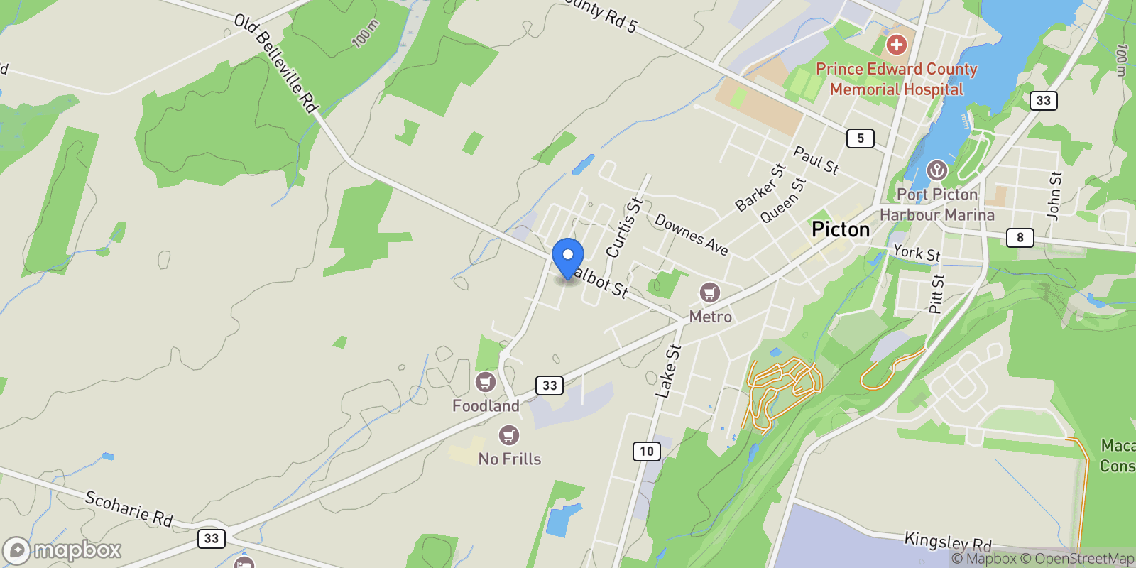Map showing 37 Allen Street, Picton, Ontario, Canada.