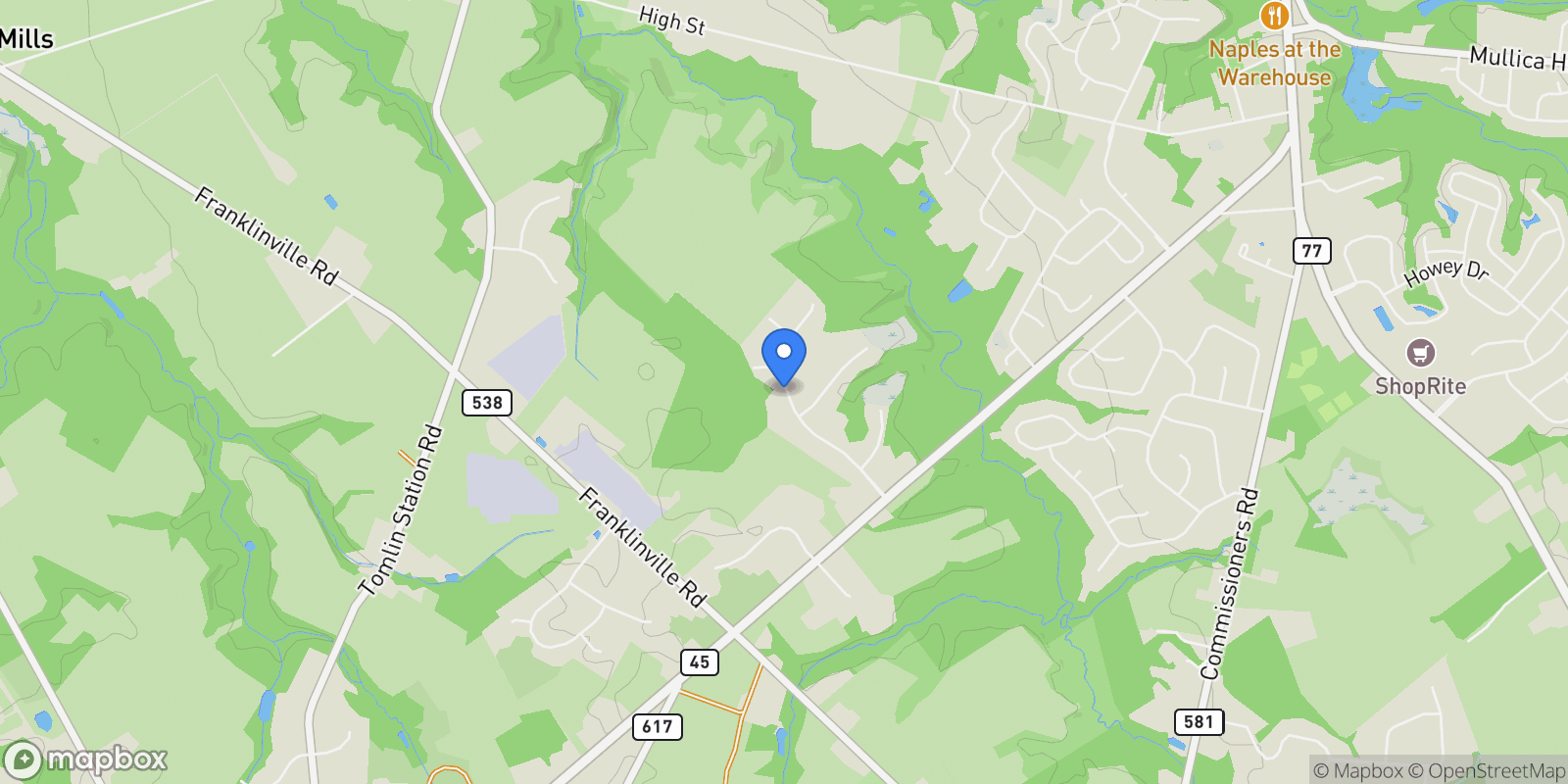 Map showing 135 Preakness Dr, MULLICA HILL, NJ 08062, Harrison Township, New Jersey, United States.