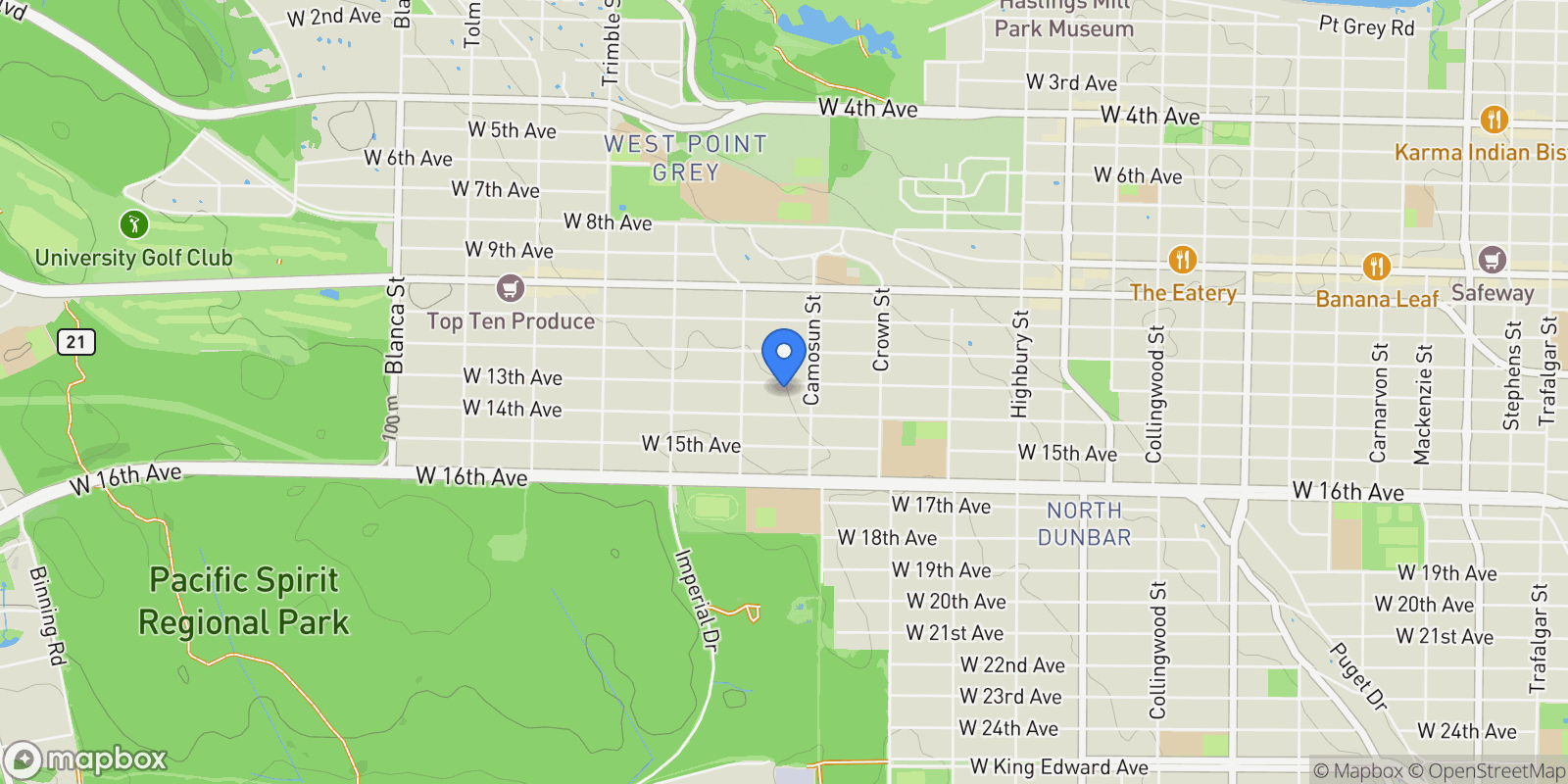 Map showing 4138 W 13th Avenue, Vancouver, British Columbia, Canada.