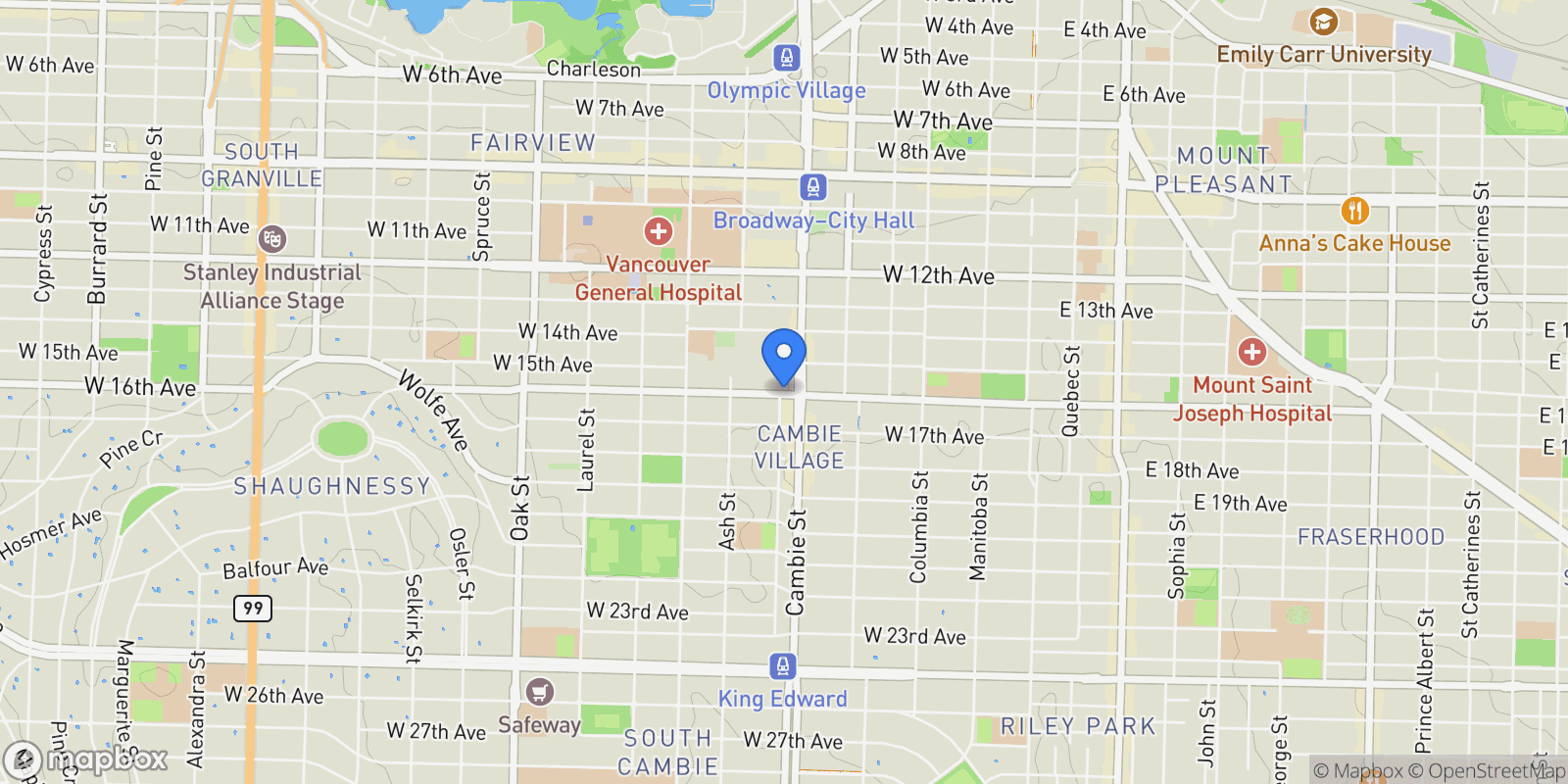 Map showing 408 - 503 W 16th Avenue, Vancouver, British Columbia, Canada.