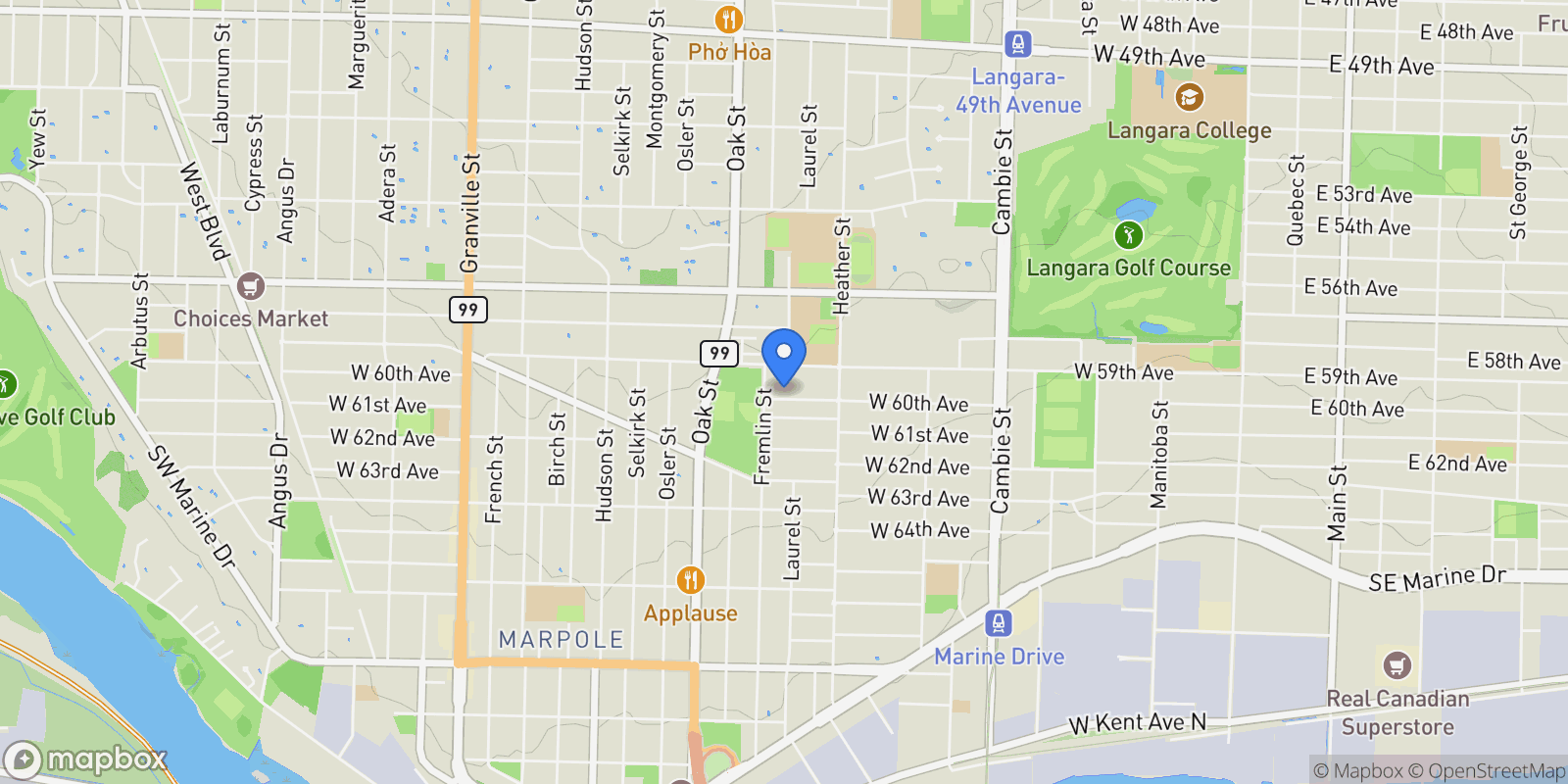 Map showing 869 W 60th Avenue, Vancouver, British Columbia, Canada.