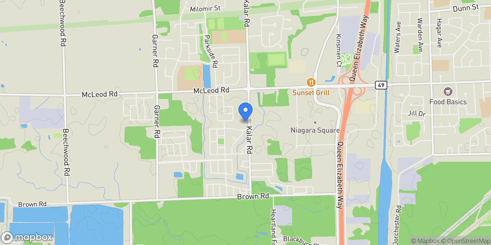 Map showing 7549 A Kalar Road 205, Niagara Falls, Ontario, Canada.