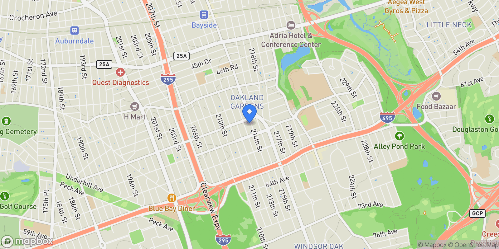 Map showing 53-16 214th Street, Bayside, NY 11364, New York, New York, United States.