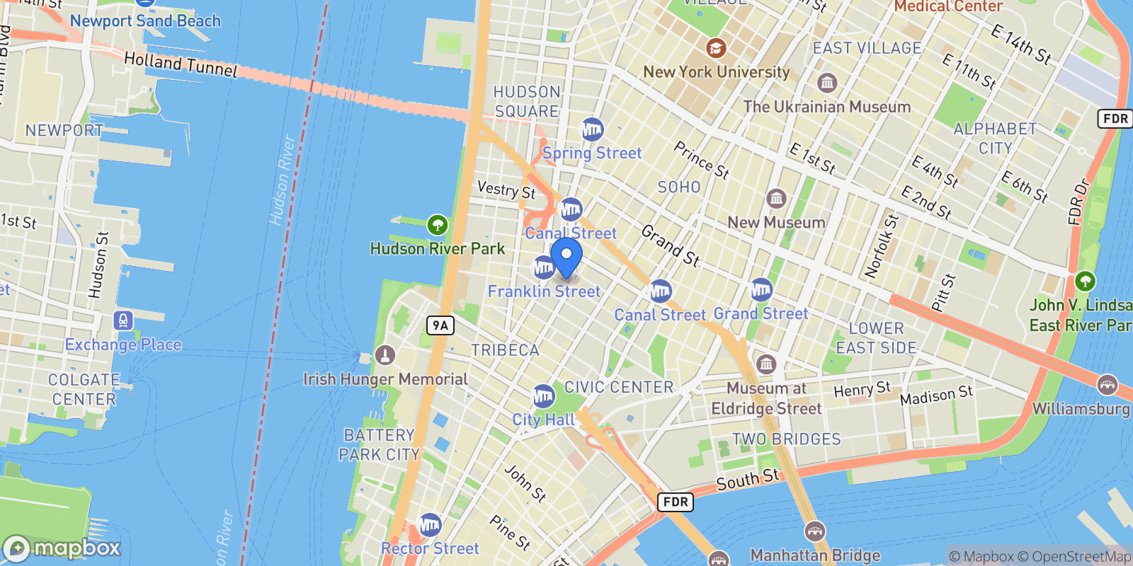 Map showing 100 Franklin Street, New York, New York, United States.