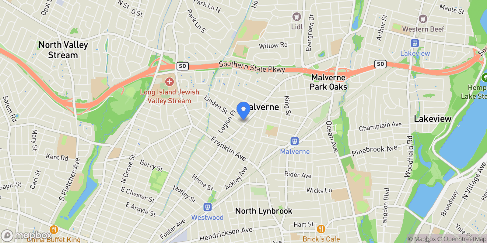 Map showing 10 Linden Street, Malverne, NY 11565, Malverne, New York, United States.