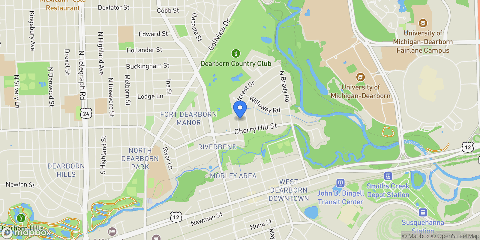Map showing 180 Golfcrest Drive, Dearborn, MI 48124, Dearborn, Michigan, United States.
